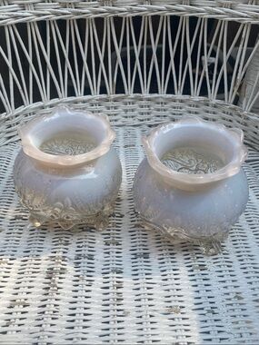 2 Antique Piasa Bird White Opalescent glass rose bowls